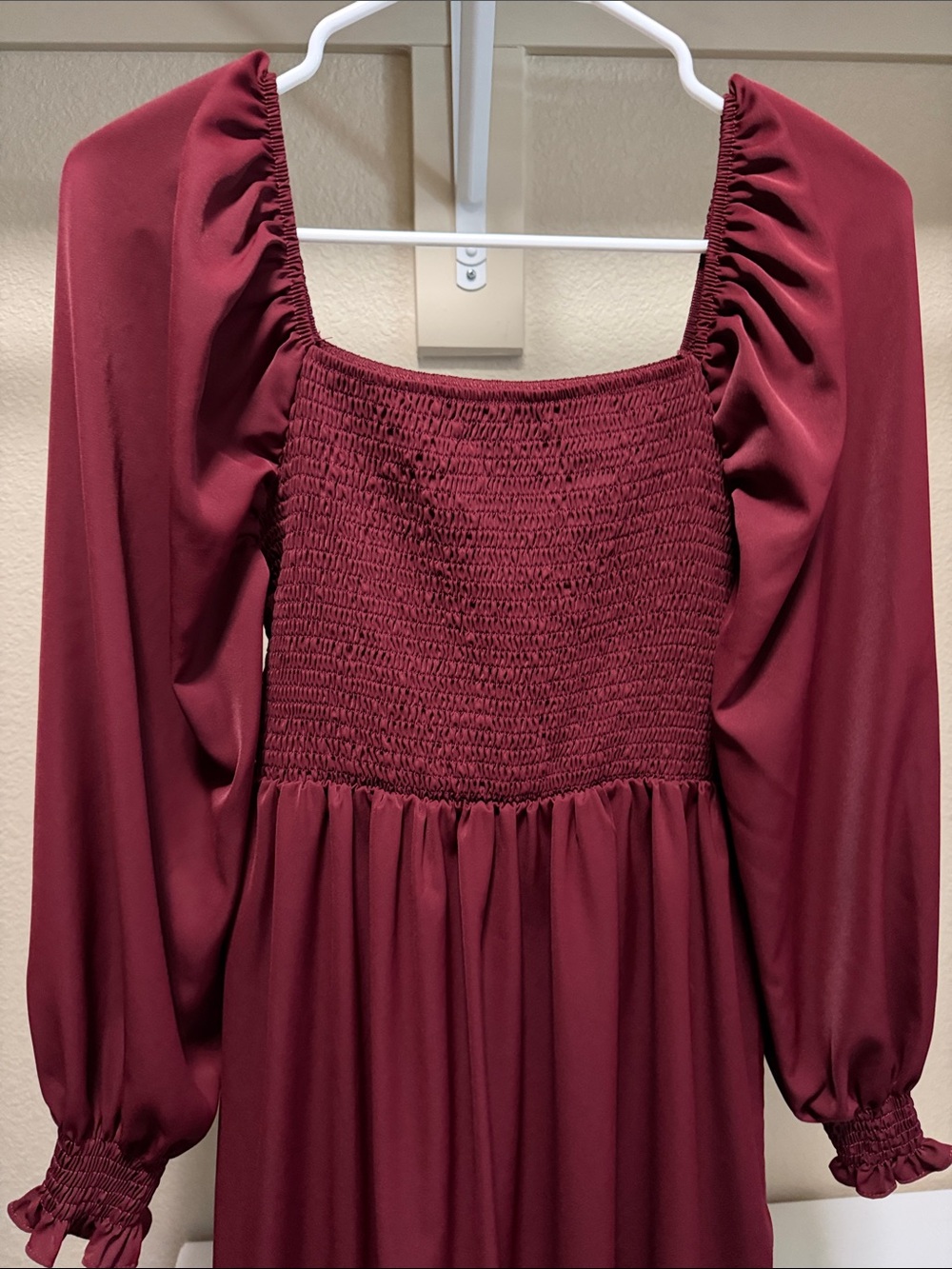 SHEIN Burgundy Long Sleeve Smocked Square-Neck Midi Dress - Picture 4 of 5